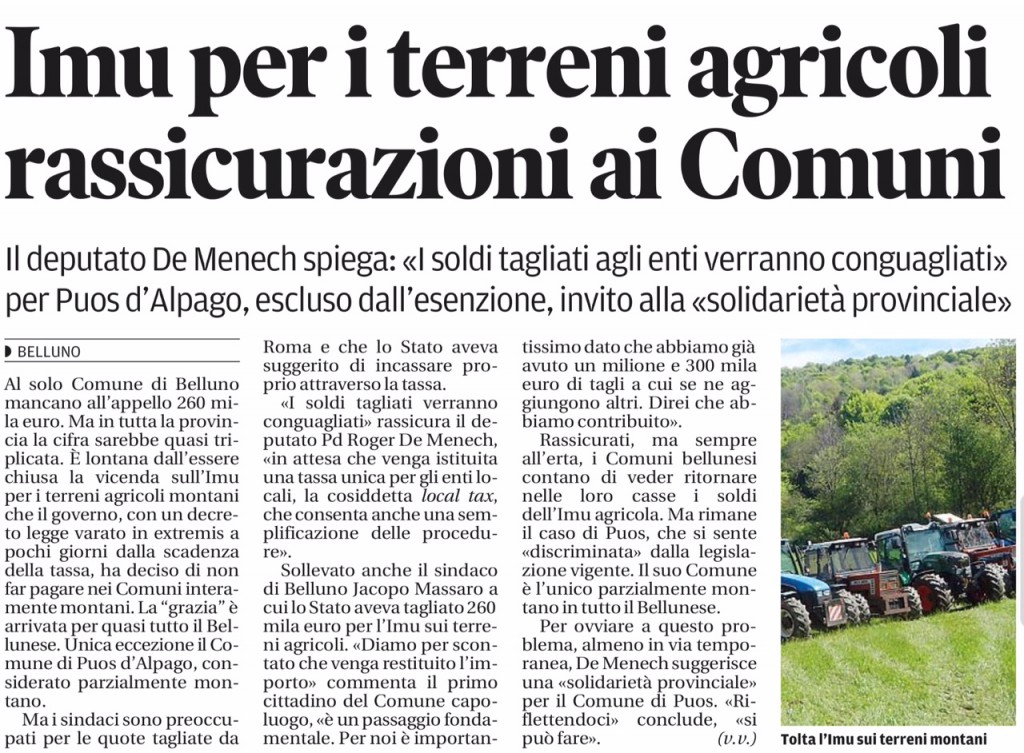 IMU PER TERRENI AGRICOLI _ Corriere delle Alpi 25.1.2015